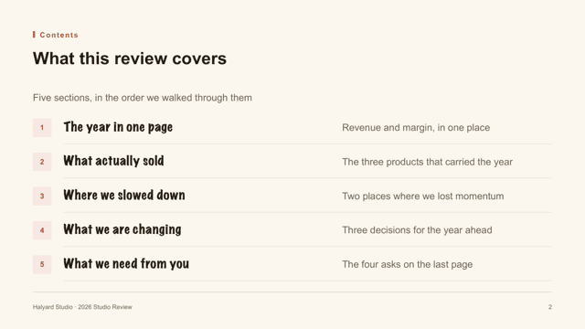 Sketch Notebook — Hand-drawn Review Deck Template — agenda page