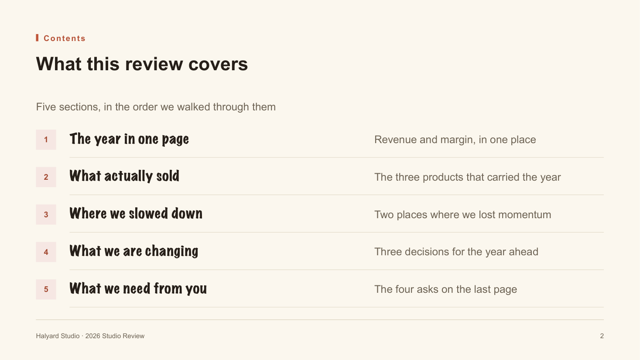 Sketch Notebook — Hand-drawn Review Deck Template — agenda page